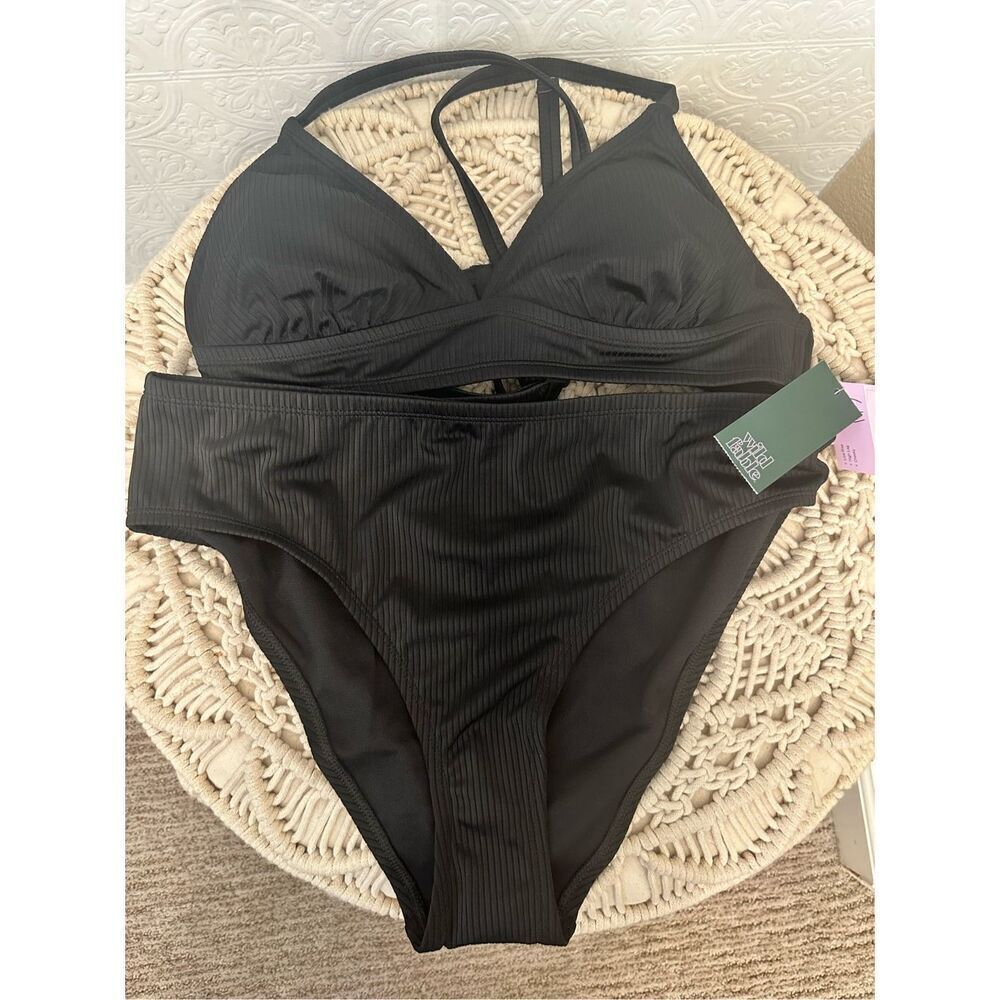🌸 Wild Fable Black Ribbed Low Rise High Leg Bikini Size X 14/16 New